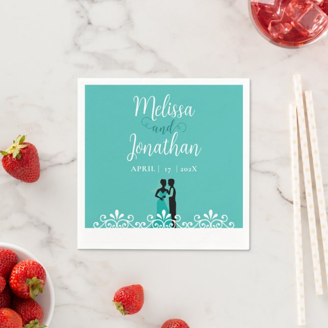 Bride Groom Teal White Elegant Wedding paper Napkin (Insitu)