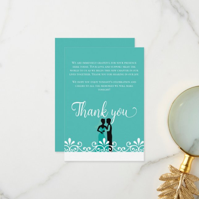 Bride Groom Teal White Elegant Wedding Thank you Card (Front/Back In Situ)