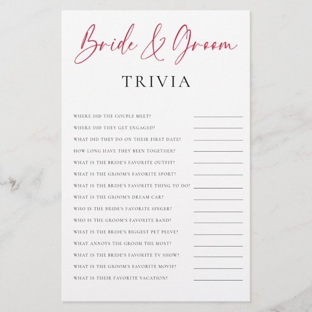 Bride Groom Trivia Valentine Bridal Shower Game Flyer (Front)