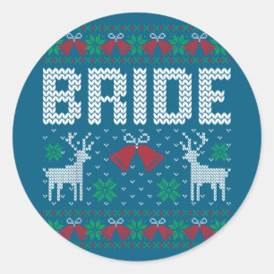 Bride groom ugly christmas sweater married couple classic round sticker