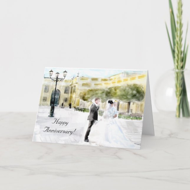 Bride & Groom Watercolor Wedding Anniversary Card (Front)