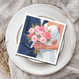 Bride & Groom Wedding Bouquet Watercolor Painted Napkin