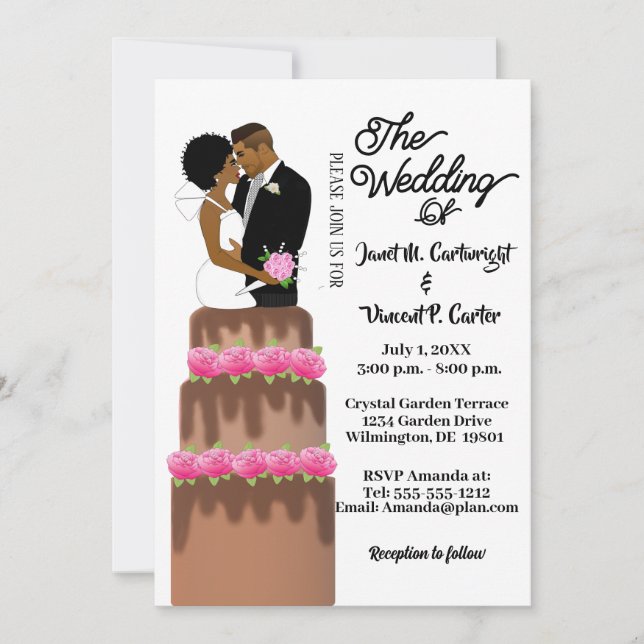 Bride & Groom Wedding Cake Topper African American Invitation (Front)