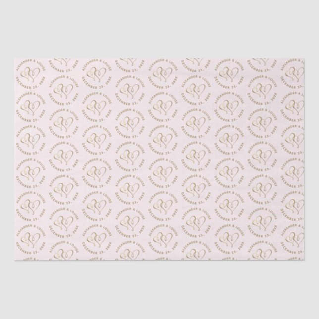 Bride Groom Wedding Date Gold Embossed Heart Tissue Paper (Front)