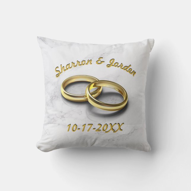 Bride & Groom Wedding Date Gold Rings Personalized Throw Pillow (Front)