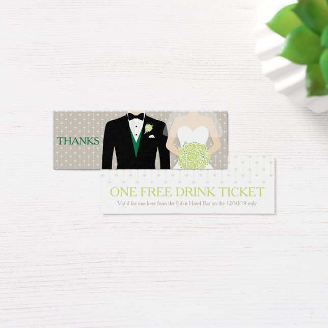 Bride groom wedding free drink voucher green (Desk)