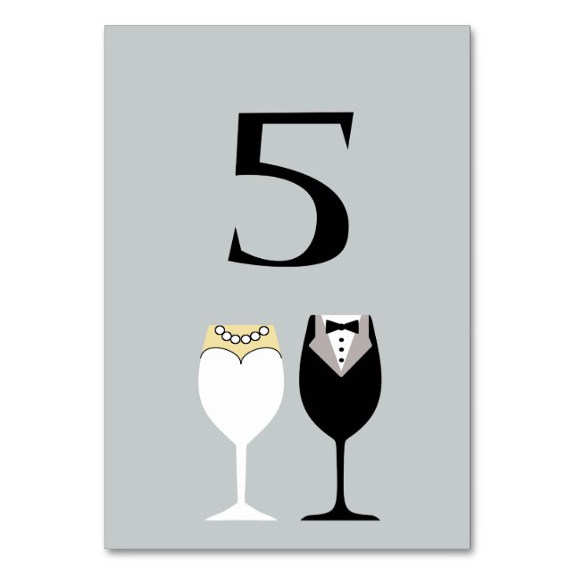 Bride & Groom Wine Glasses Table Number Card (Front)