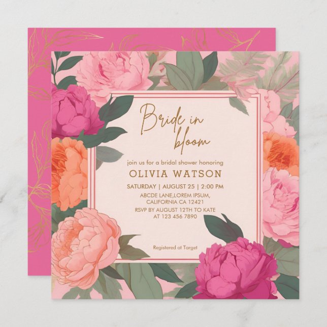 Bride in bloom pink and gold floral bridal shower invitation (Front/Back)