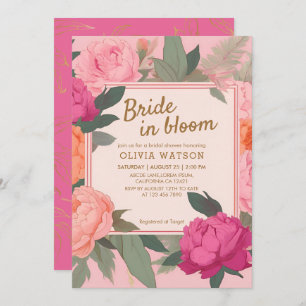 Bride in bloom pink and gold floral bridal shower invitation