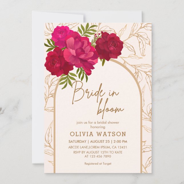 Bride in bloom rose and gold floral bridal shower invitation (Front)