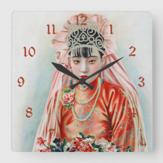 Bride in Chinese Red Shanghai Yuefenpai Square Wall Clock