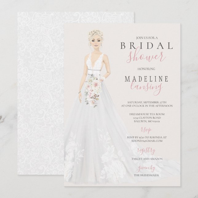 Bride in Lace Wedding Gown Bridal Shower Invitation (Front/Back)