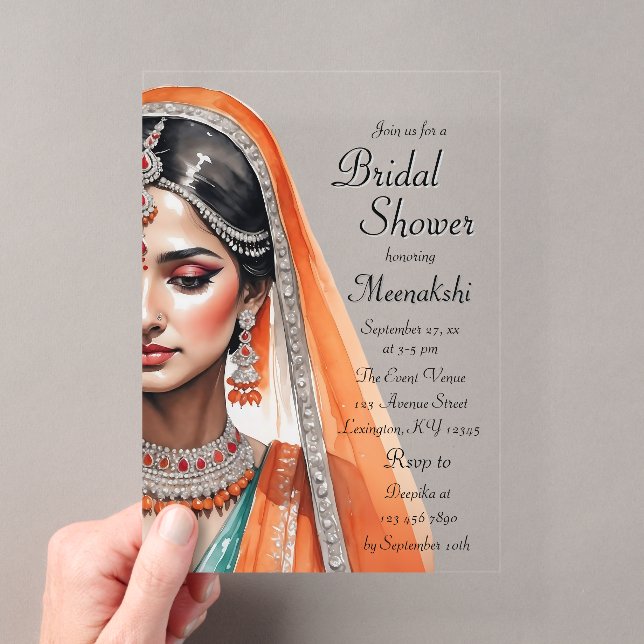 Bride In Lehenga Choli Ethnic Indian Bridal Shower Acrylic Invitations (Insitu (Handheld))