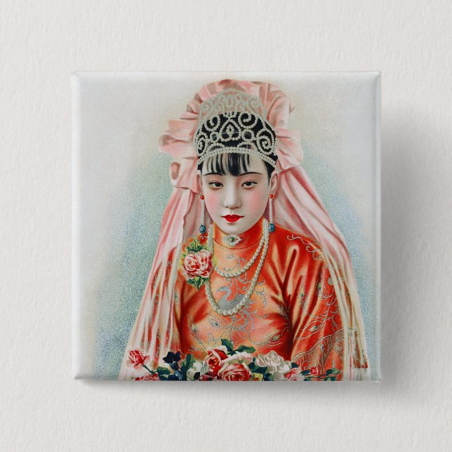 Bride in Red at Chinese Wedding in Shanghai 2 Inch Square Button (Front)