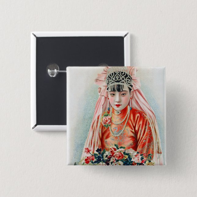 Bride in Red at Chinese Wedding in Shanghai 2 Inch Square Button (Front & Back)