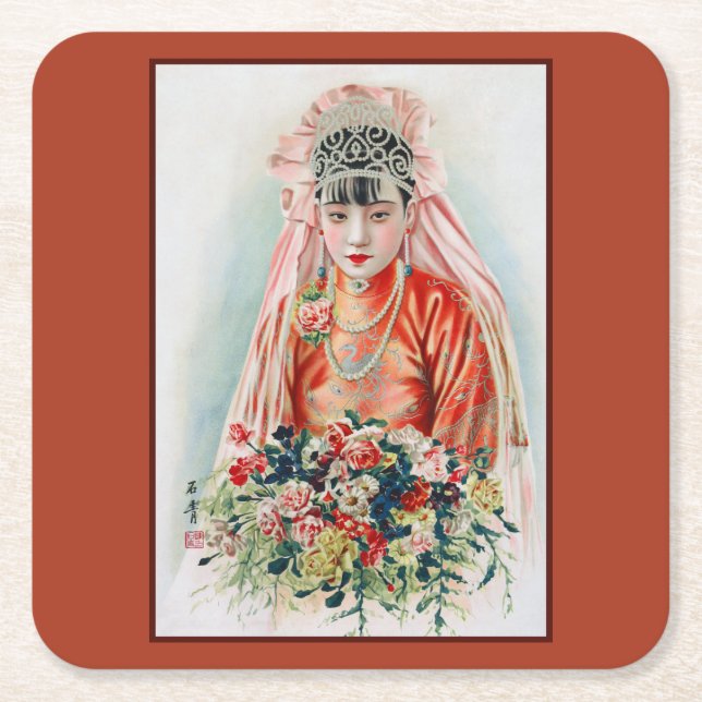 Bride in Red at Chinese Wedding in Shanghai Square Paper Coaster (Front)