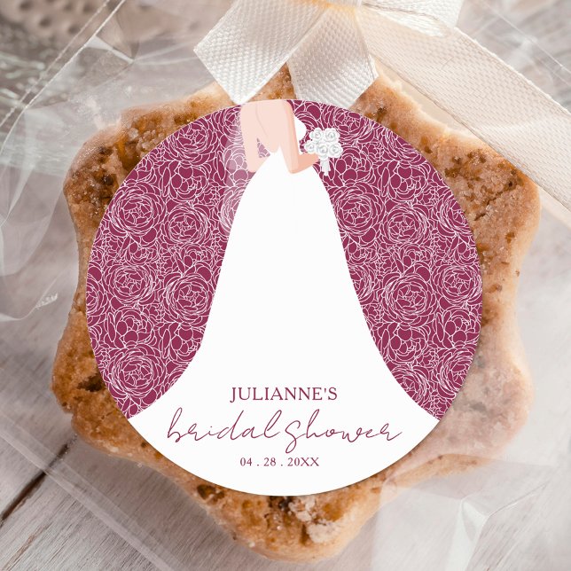Bride in Wedding Gown Cranberry Bridal Shower Classic Round Sticker (Creator Uploaded)