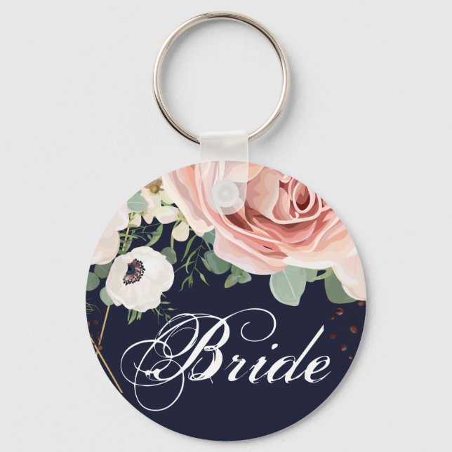 Bride Key Chain Geometric Garden Rose Navy Blue (Front)