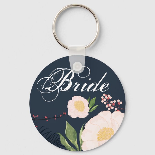 Bride Key Chain White Floral Flowers on Dark Blue (Front)