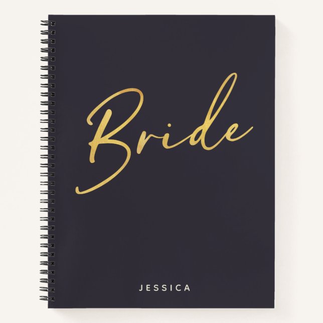 Bride Minimalist Gold Lettering Navy Personalized Notebook (Front)