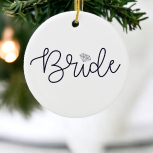 Bride Modern Script Diamond Personalized Wedding Ceramic Ornament