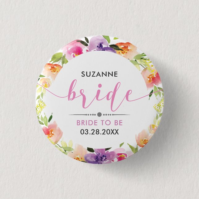 Bride Modern Typography Colourful Flowers Wreath 1 Inch Round Button (Front)