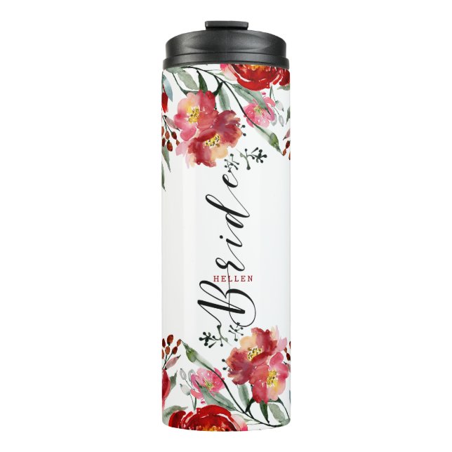 Bride Modern Typography Deep-red Floral Border Thermal Tumbler (Front)