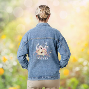 Bride Modern Watercolor Floral Name Denim Jacket