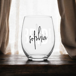 Bride Monogram Signature Script Stemless Wine Glass