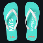 Bride Mrs. Turquoise Blue Flip Flops<br><div class="desc">Bright turquoise blue with Mrs. and Last Name written in white text and date of wedding in coral to personalize.  Pretty beach destination or honeymoon flip flops for the new bride.  Original designs by TamiraZDesigns.</div>