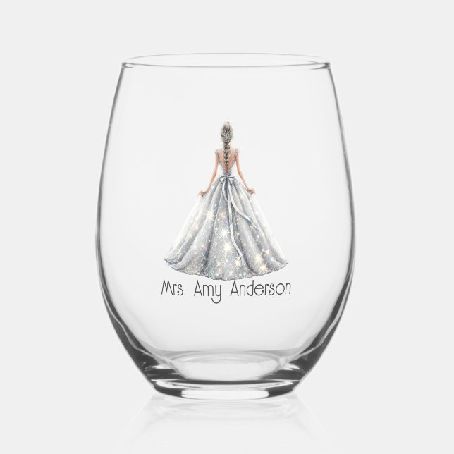 Bride Mrs. Wedding Dress Bridal Gift Custom Stemle Stemless Wine Glass (Front)
