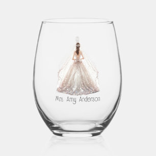 Bride Mrs. Wedding Dress Bridal Gift Custom Stemless Wine Glass