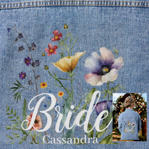 Bride Name Wild Flowers Watercolor Floral Wedding Denim Jacket