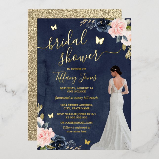 Bride Navy Gold Floral Bridal Shower (Front/Back)