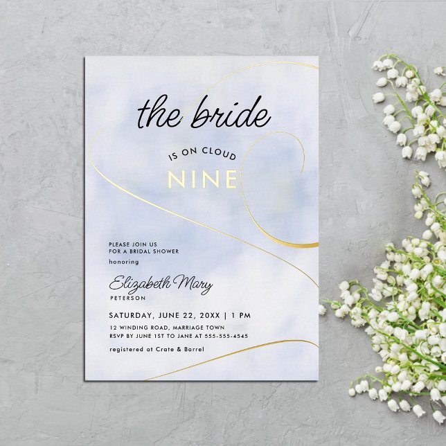 Bride on Cloud 9 Pastel Blue Gold Bridal Shower (cloud 9 bridal shower invitation pastel blue calligraphy swirls modern elegant classy sky clouds)