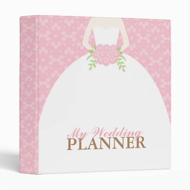 Bride on Pink Damask Pattern Wedding Binder (Front/Spine)