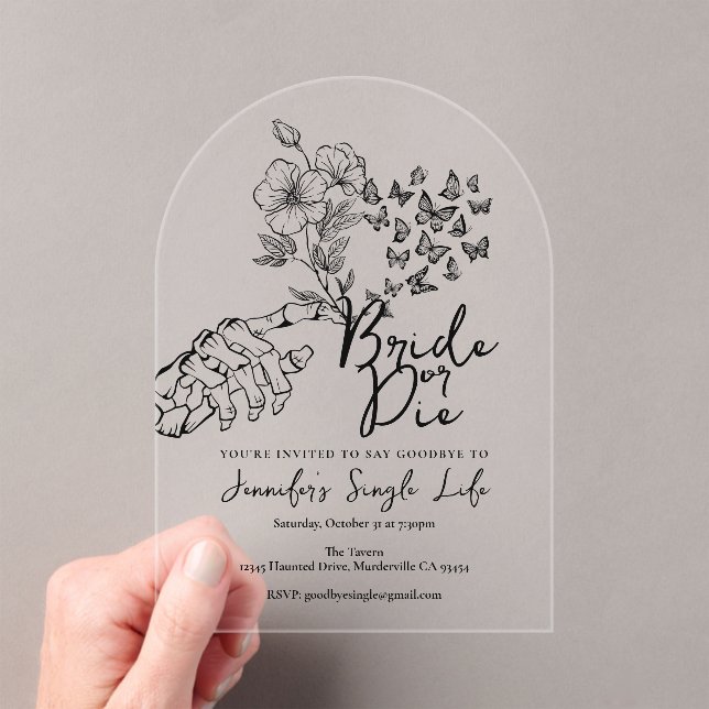 Bride or Die Black Floral Bachelorette Party Acrylic Invitations (Insitu (Handheld))