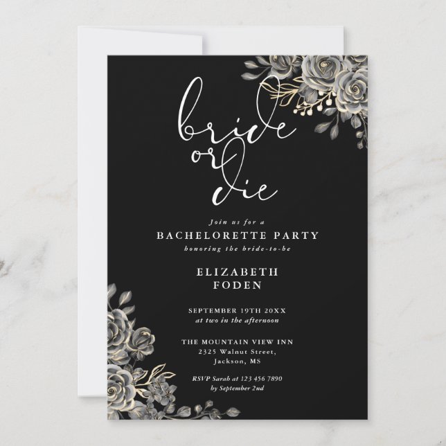 Bride Or Die Black White Gothic Bachelorette Party Invitation (Front)