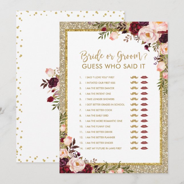 Bride or Groom Gold Glitter Bridal Shower Game Invitation (Front/Back)