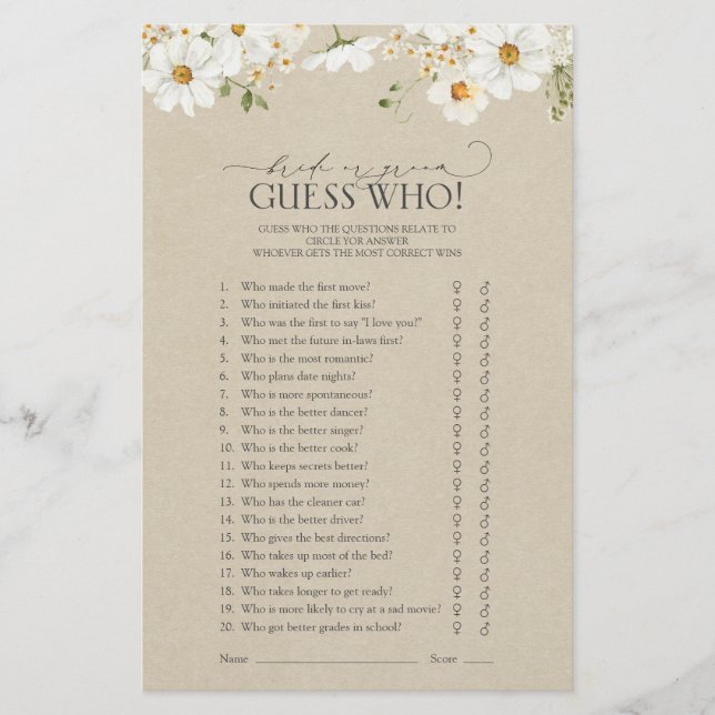 Bride Or Groom Guess Who Daisy Bridal Shower Game (Front)