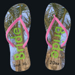 Bride Palm Trees Blue Sky Flip Flops<br><div class="desc">Cool Palm Trees with a Pretty Blue Sky in the background Unisex Flip Flops with Bride written in a nice green colour text, and Date of Marriage in black text. PERSONALIZE with your Wedding DATE (or delete text). Feel the ocean breeze and tropics beneath your feet. Shown with Slim Pink...</div>