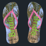 Bride Palm Trees Blue Sky Flip Flops<br><div class="desc">Cool Palm Trees with a Pretty Blue Sky in the background Unisex Flip Flops with Bride written in a nice green colour text, and Date of Marriage in black text. PERSONALIZE with your Wedding DATE (or delete text). Feel the ocean breeze and tropics beneath your feet. Shown with Slim Pink...</div>