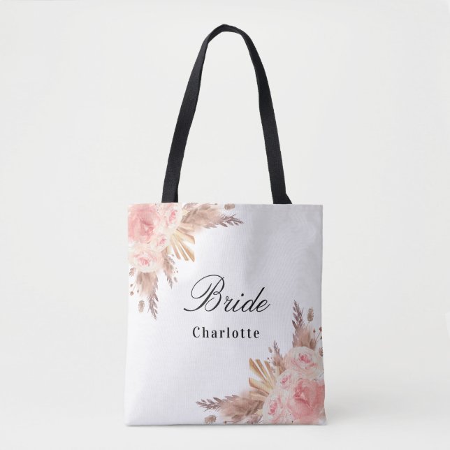 Bride pampas grass rose gold floral white name tote bag (Front)