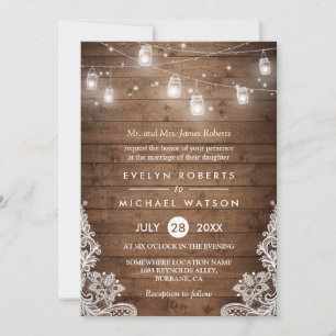 (Bride Parents) Mason Jars Lights Lace Wedding Invitation