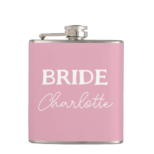Bride Pink And White Personalized Name Hip Flask
