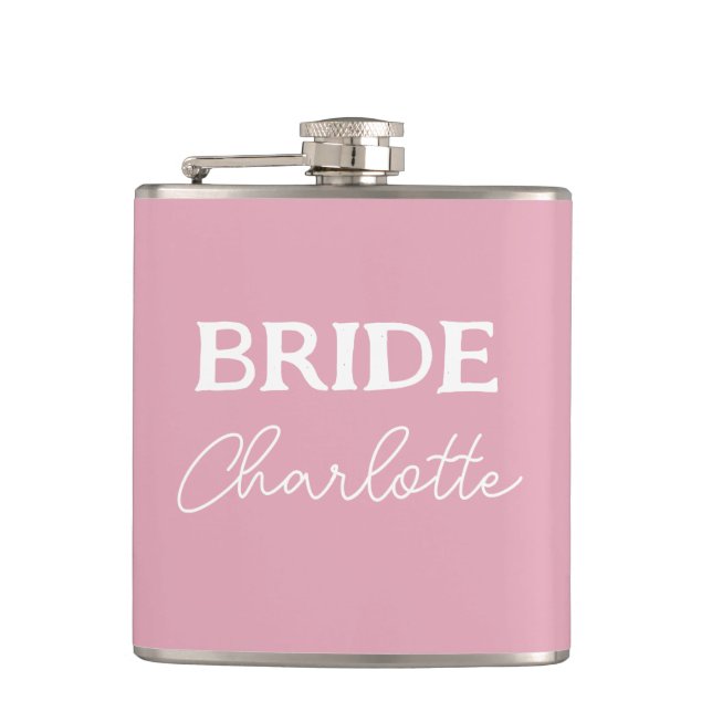 Bride Pink And White Personalized Name Hip Flask (Front)