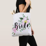 Bride Pink Floral Watercolor Wedding Bridal Shower Tote Bag<br><div class="desc">The design features a modern watercolor floral design with a calligraphy text.</div>