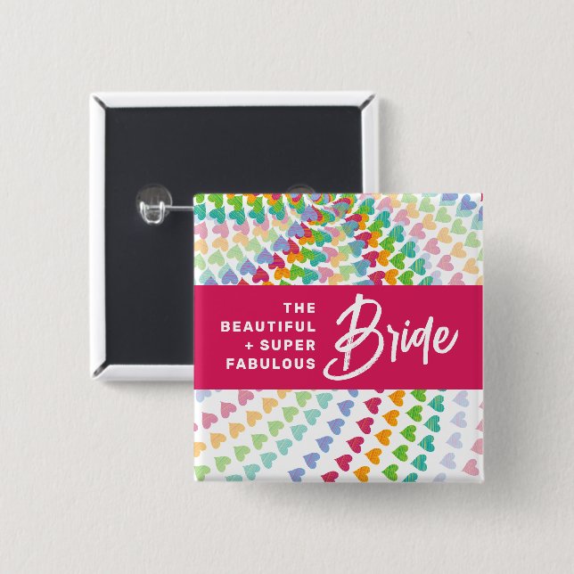 BRIDE Rainbow Hearts Sprinkles Wedding Name Tag 2 Inch Square Button (Front & Back)