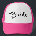 Bride Retro Script Trucker Hat<br><div class="desc">Fully customizable bride script in black with a pink diamond to dot the "i." Cute way for the bride to let the world know the news. Perfect for bachelorette parties and other wedding events.</div>