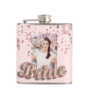 Bride rose gold blush stars photo glamourous hip flask